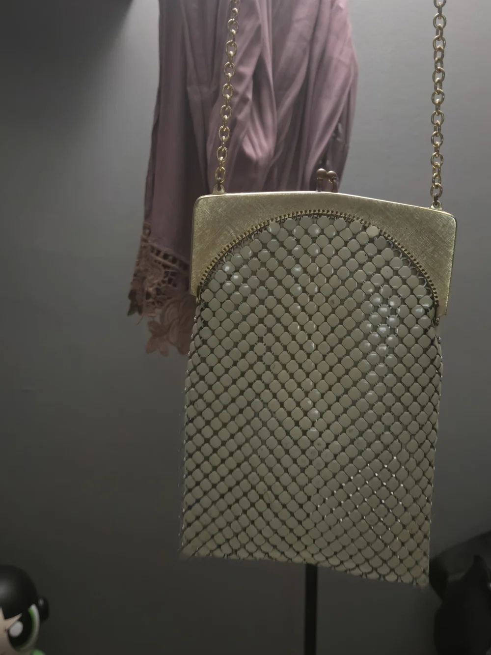 Vintage Whiting & Davis Cream Mesh Purse with Gold Frame and Chain